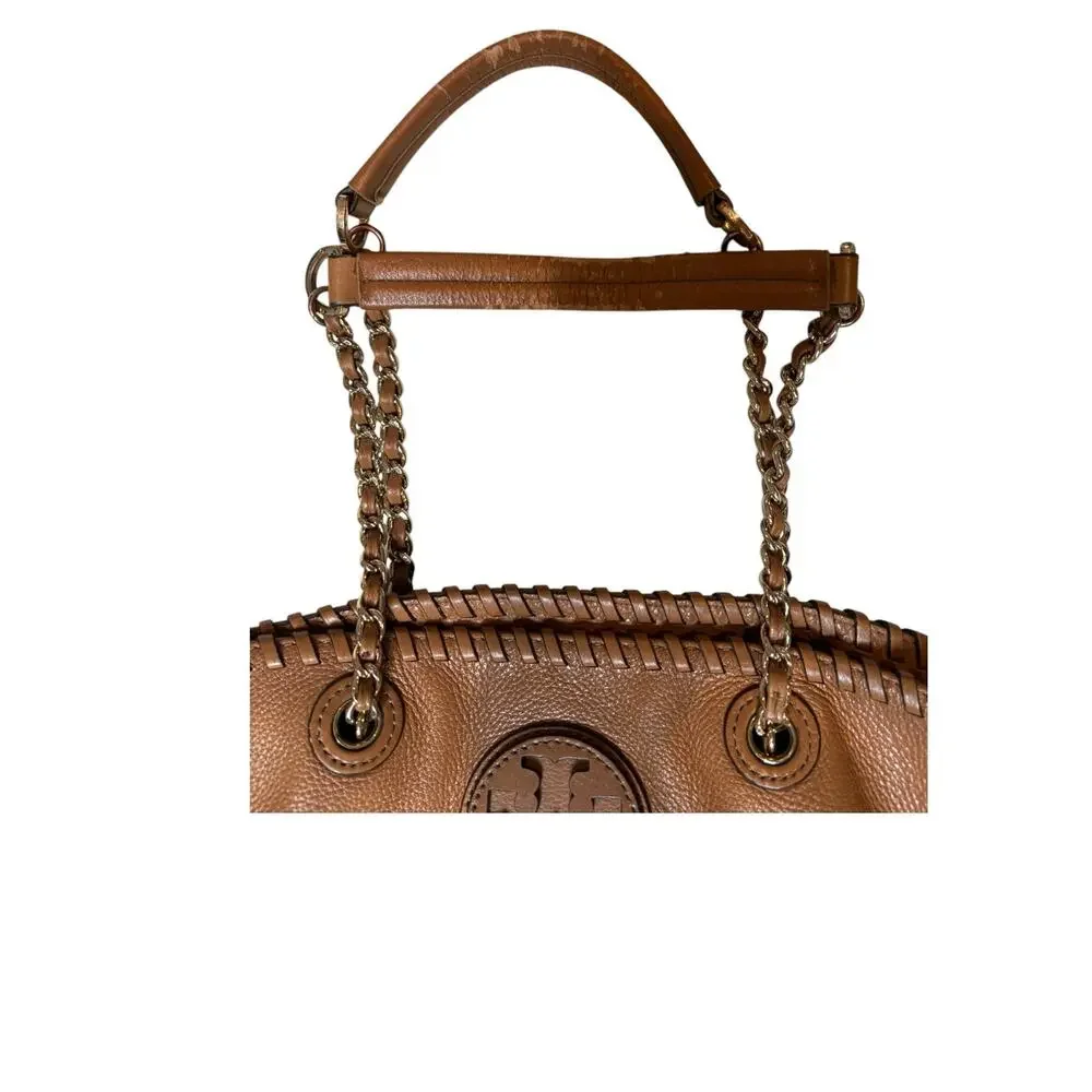 Tory Burch Brown Pebbled Leather Chain Strap Tote Bag Whipstitch Logo Purse